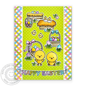 Sunny Studio Chicks with Easter Baskets & Egg Hunt Pastel Gingham Scalloped Card (using Clucky Chickens 4x6 Clear Stamps)