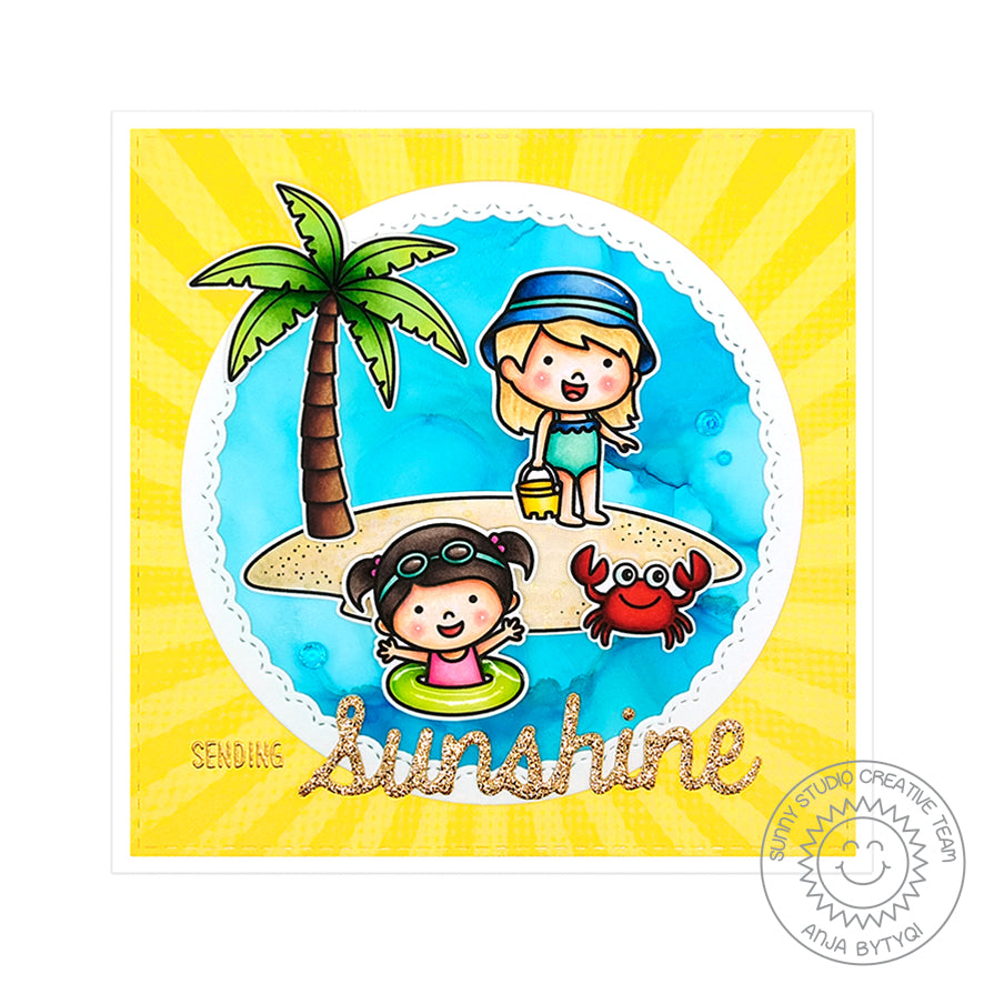 Sunny Studio Stamps Sending Sunshine Beach Girls with Island and Palm Tree Card 