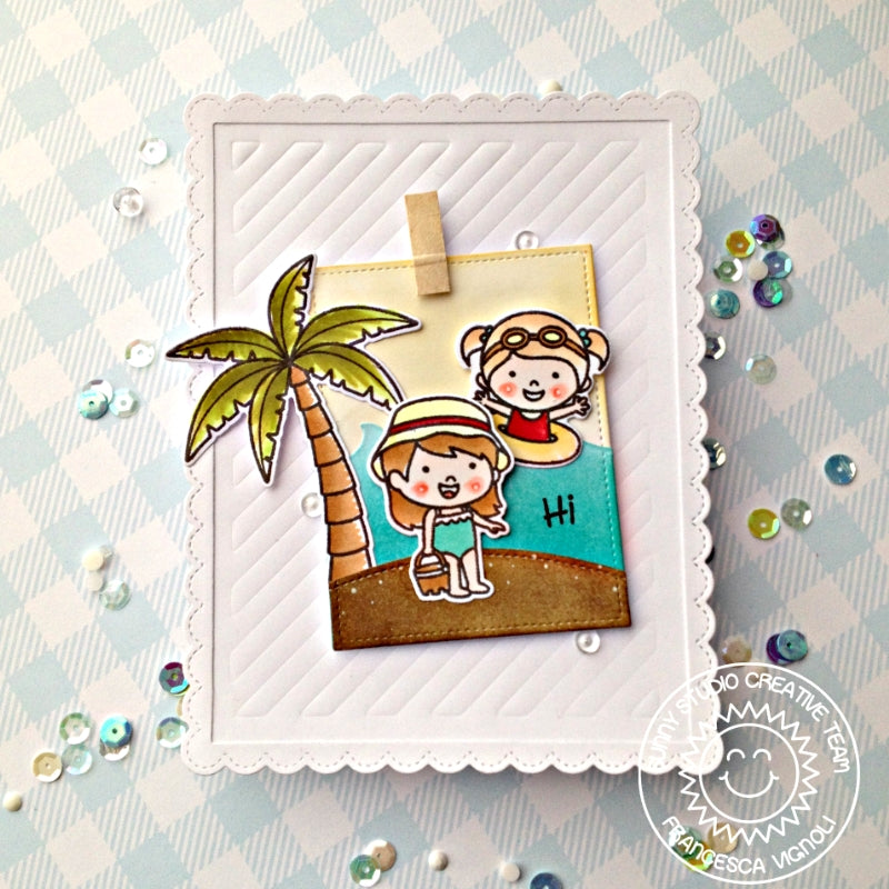 Sunny Studio Stamps Beach Girl with Palm Trees Striped Embossed Card (using Frilly Frames Stripes Striped Metal Cutting Die)