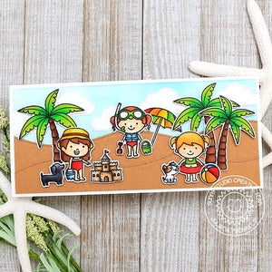 Sunny Studio Stamps Kids & Palm Trees on Sandy Beach Slimline Card (using Stitched Fluffy Cloud Metal Cutting Dies)
