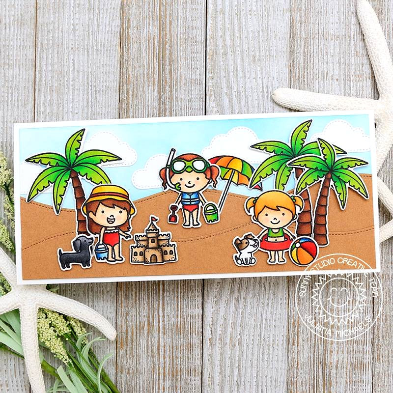 Sunny Studio Stamps Beach Day Elongated Sand Castle Card (using Palm Tree from Seasonal Trees set)