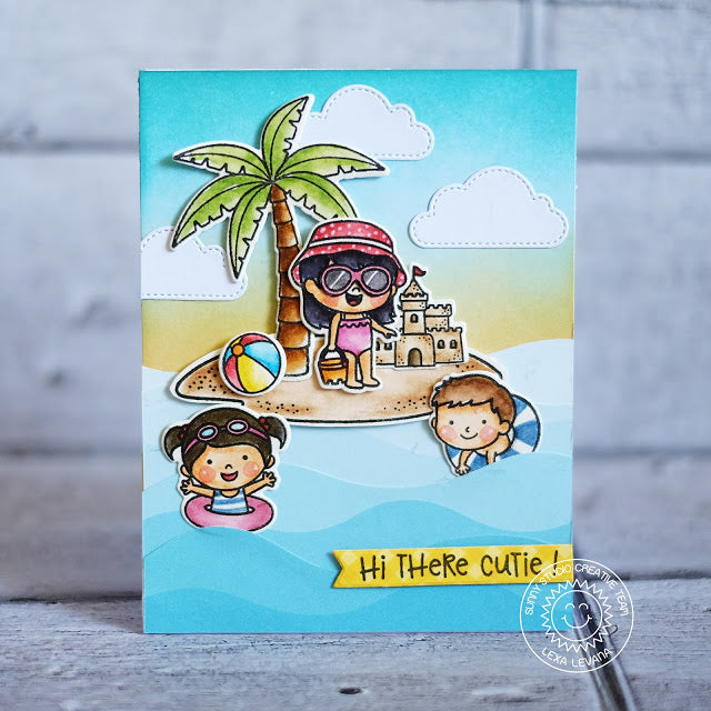 Sunny Studio Island Sand Castle & Beach Ball Summer Card (using Palm Tree from Seasonal Trees Stamps) 