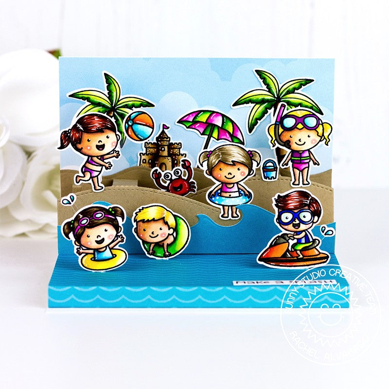 Sunny studio Stamps Beach Themed Pop-up Card (using palm tree from Sending Sunshine 2x3 Stamp Set)