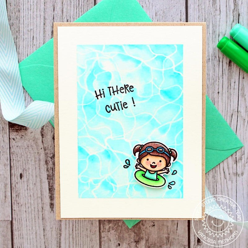 Sunny Studio Stamps Hi There Cutie Girl in Floatie Card with liquid masking water technique