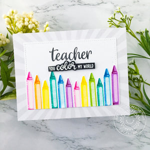 Sunny Studio You Color My World Teacher Rainbow Crayon Card (using Color My World Clear Layering Stamps)