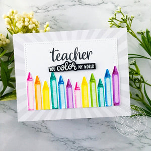 Sunny Studio Teacher You Color My World Rainbow Crayons School Card (using Teacher Appreciation 4x6 Clear Sentiment Stamps)