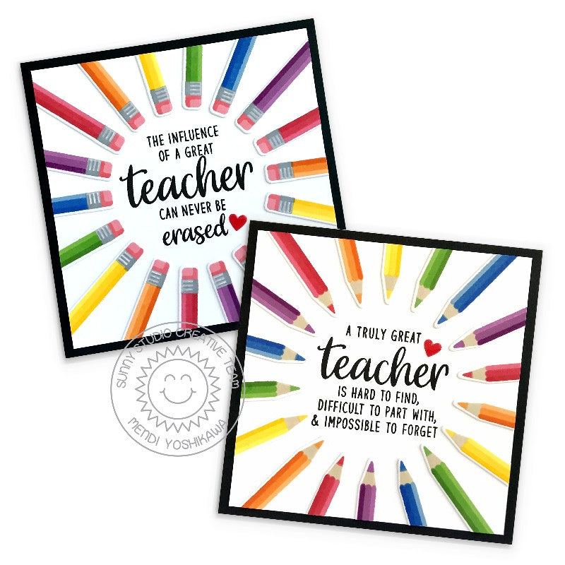 Sunny Studio Rainbow Colored Pencils Rays Sunburst Thank You Cards (using Teacher Appreciation 4x6 Clear Stamps)