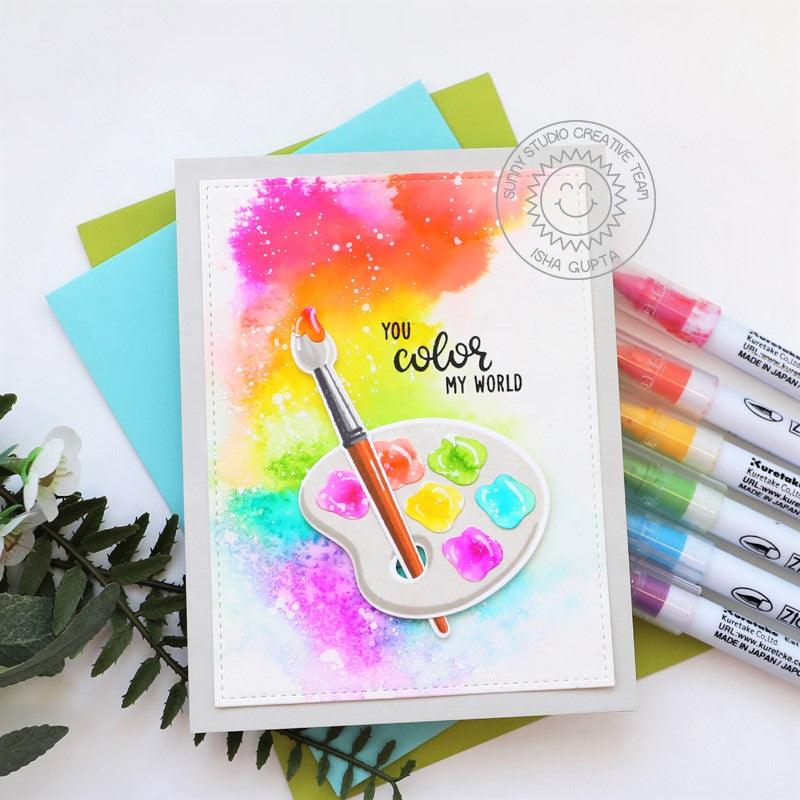 Sunny Studio Rainbow Watercolor Paint Brush with Palette Card (using Color My World Clear Layering Stamps)