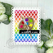 Sunny Studio Stamps Color My World Rainbow Paint Brush with Palette Card using Frilly Frame Lattice Metal Cutting Dies