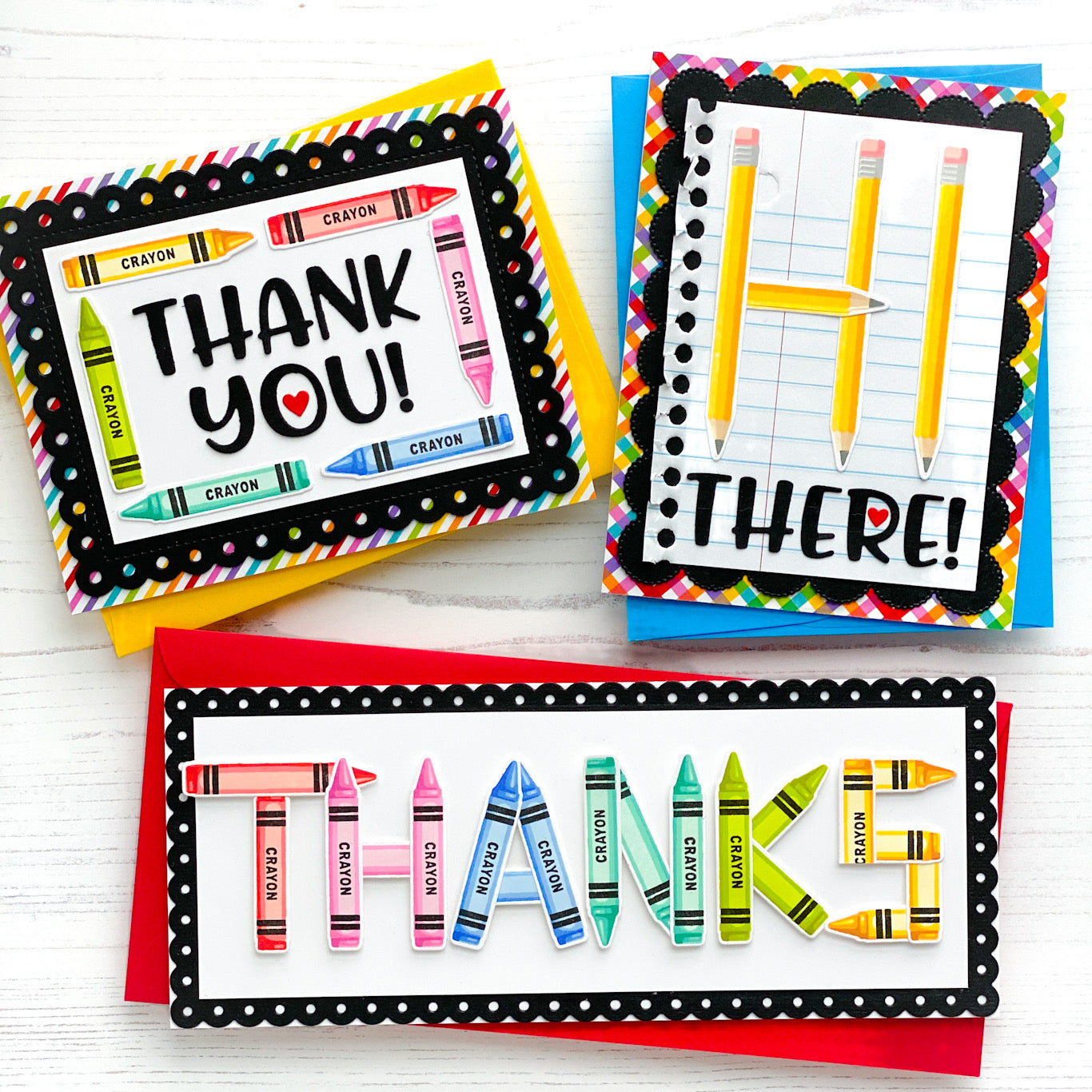 Sunny Studio Thank You Crayon & Pencil Colorful School Themed Teacher Cards (using layering layered Color My World Stamps)