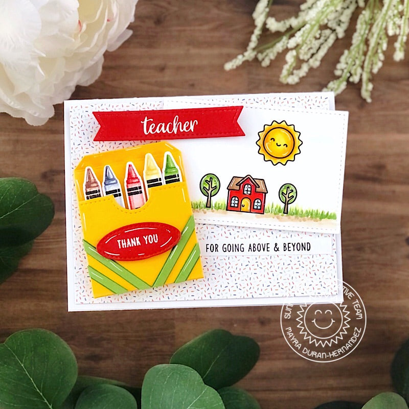Sunny Studio Crayon Box with School House Thank You for Going Above and Beyond Teacher Appreciation Card (using Color My World Clear Layering Stamps)