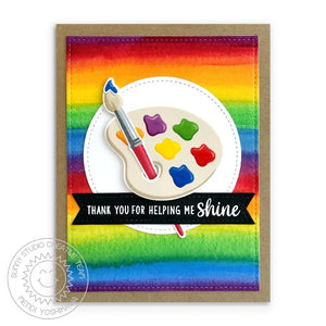 Sunny Studio Thank You For Helping Me Shine Rainbow Watercolor Card with Paint Brush & Palette (using Color My World 4x6 Clear Stamps)