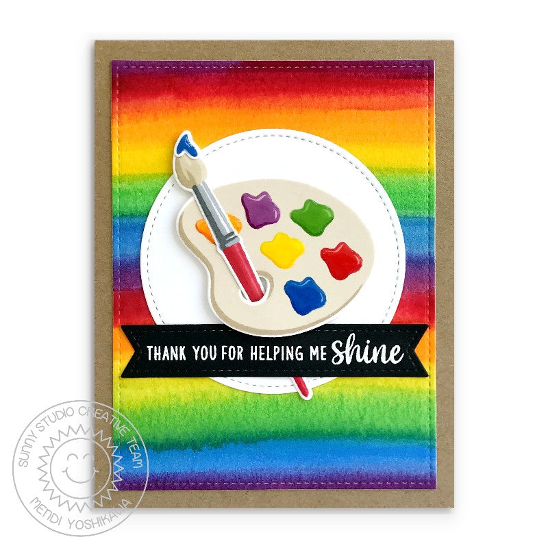 Sunny Studio Stamps Thank You For Helping Me Shine Rainbow Paint Palette & Brush Card using Stitched Rectangle Cutting Dies