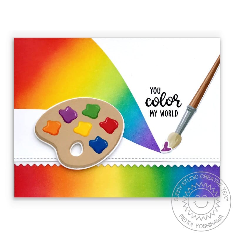 Sunny Studio You Color My World Paint A Rainbow Paintbrush & Palette Watercolor Card (using Color My World 4x6 Clear Stamps)
