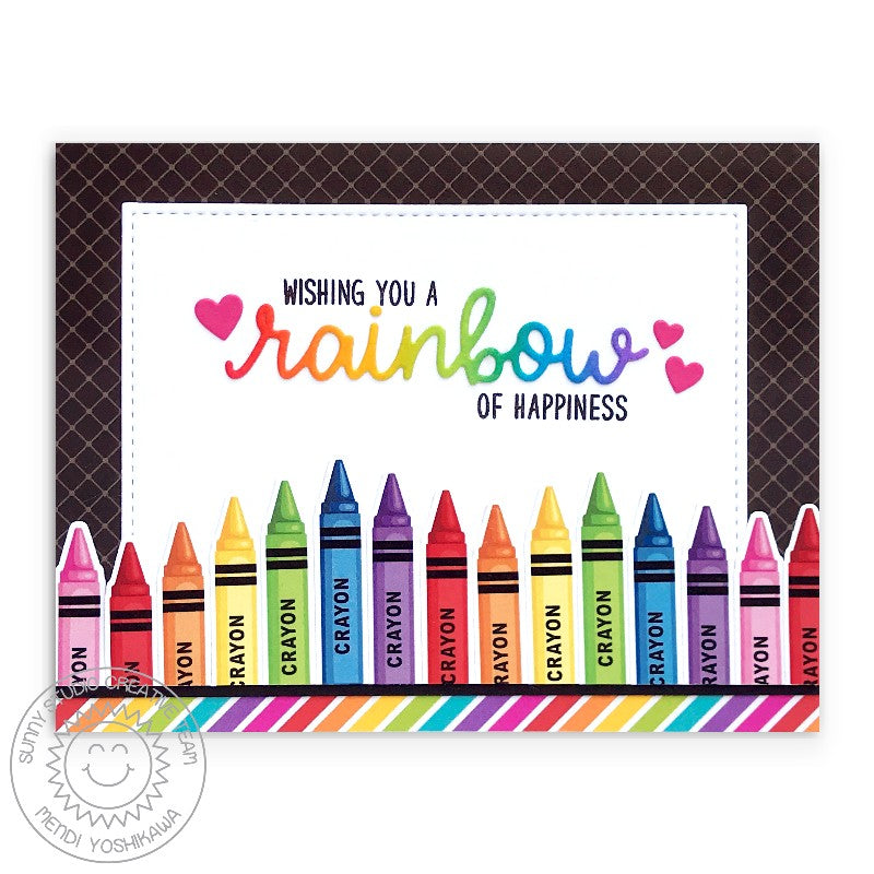 Sunny Studio Wishing You a Rainbow of Happiness Crayon Card (using Over The Rainbow 3x4 Sentiment Stamps)