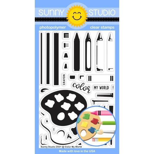 Sunny Studio Color My World Layering Crayon, Pencil, Palette & Paint Brush 4x6 Clear Photopolymer Stamps SSCL-298