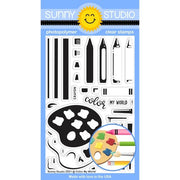 Sunny Studio Color My World Layering Crayon, Pencil, Palette & Paint Brush 4x6 Clear Photopolymer Stamps SSCL-298