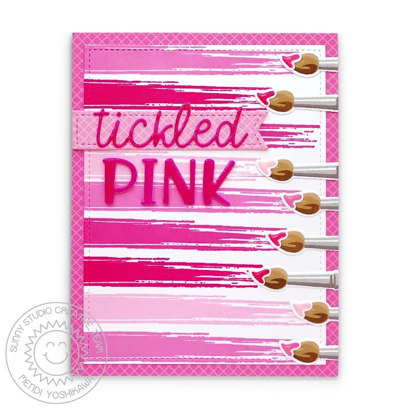Sunny Studio Tickled Pink Paint Brushes with Brushstrokes Breast Cancer Awareness & Cancer Free Themed Card (using Color My World 4x6 Clear Stamps)
