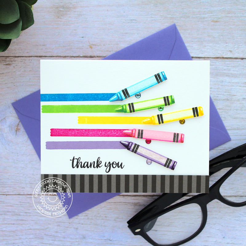 Sunny Studio Rainbow Crayon Thank You Teacher Card (using Color My World 4x6 Clear Layering Layered Stamps)