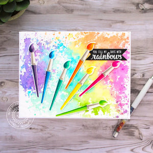 Sunny Studio You Fill My Days with Rainbows Splattered Paint & Paintbrushes Card (using Color Me Happy 3x4 Clear Sentiment Stamps)
