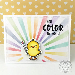 Sunny Studio Stamps You Color My World Chick with Paint Brush Rainbow Sunburst Card using Sun Ray Metal Cutting Dies