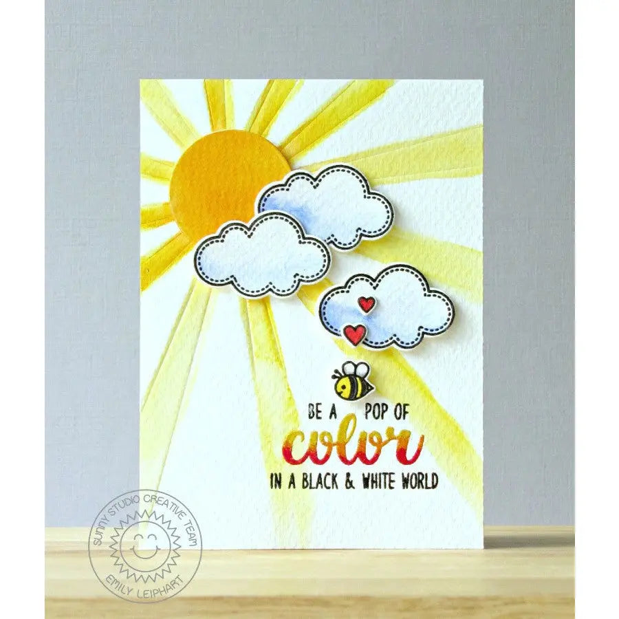 Sunny Studio Be A Pop of Color In a Black & White World Sunshine with Sun Rays & Bumblebee Sunburst Card (using Color Me Happy 3x4 Clear Sentiment Stamps)