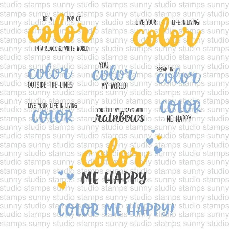 Sunny Studio Color My Happy 3x4 Clear Sentiment Stamp Set Example Phrases