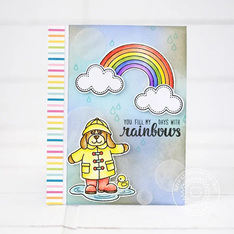Sunny Studio You Fill My Days with Rainbows Dog in Raincoat Spring Card (using Color Me Happy 3x4 Clear Sentiment Stamps)