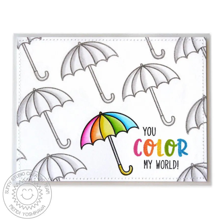 Sunny Studio Stamps Rain or Shine One Rainbow Umbrella Among Black & White Umbrellas "You Color My World" Card