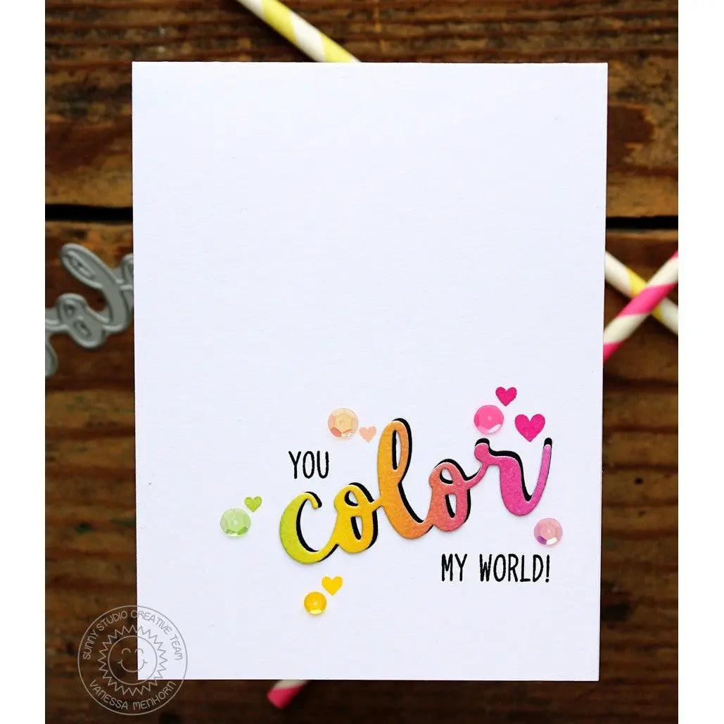 Sunny Studio Stamps You Color My World CAS Clean & Simple Rainbow & Sequins Card (using Color Word Metal Cutting Die)