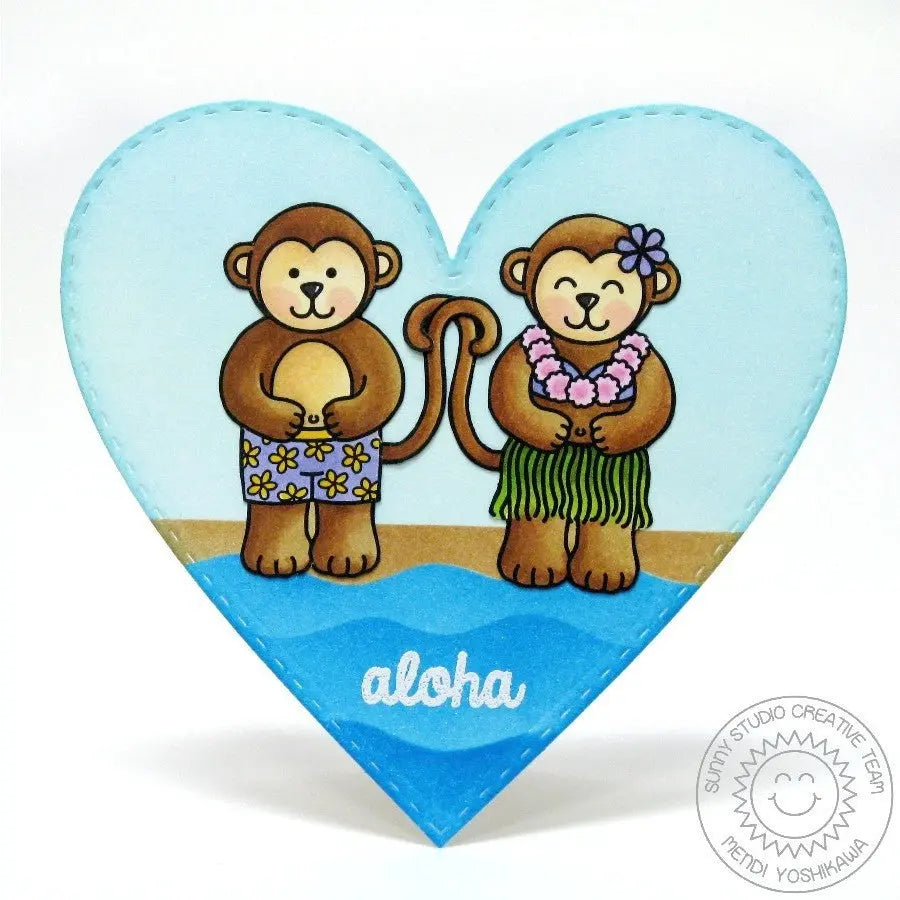 Sunny Studio Stamps Boy & Girl Monkey in Summer Waves Heart-Shaped Aloha Card using Wavy Border Metal Cutting Dies