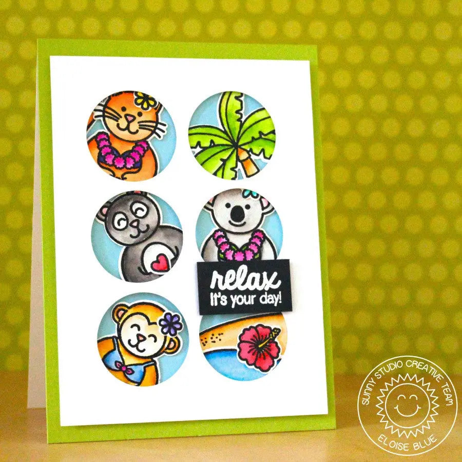 Sunny Studio Stamps Island Getaway Relax, It's Your Day Tropical Summer Circle Grid Style Card