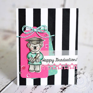 Sunny Studio Stamps Bold Black & White Striped Girl Koala Bear Happy Graduation Card using Star Border Metal Cutting Die