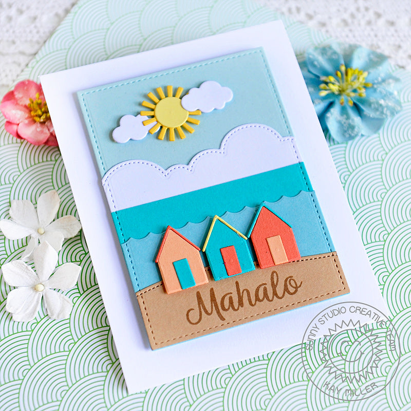 Sunny Studio Stamps Beach Shack House on the Ocean Mahalo Thank You Card (using Comic Strip Everyday Metal Cutting Dies)