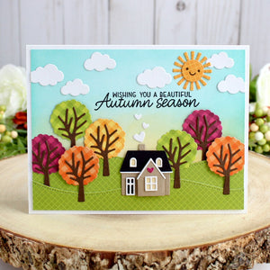 Sunny Studio Stamps Autumn Home with Fall Trees Card (using Comic Strip Everyday dies & Woodland Border dies)