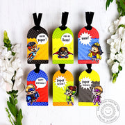 Sunny Studio Stamps Superhero Kid's Birthday Gift Tags by Rachel (using Stitched Comic Strip Speech Bubbles Metal Cutting Die)