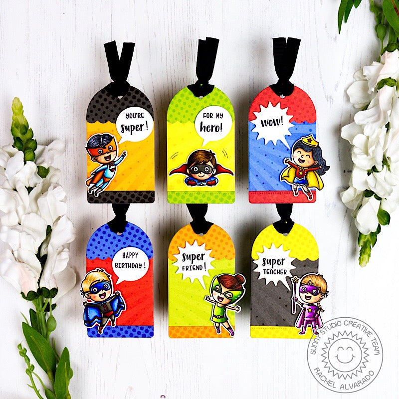 Sunny Studio Stamps Superhero Kid's Birthday Gift Tags by Rachel (using Stitched Comic Strip Speech Bubbles Metal Cutting Die)