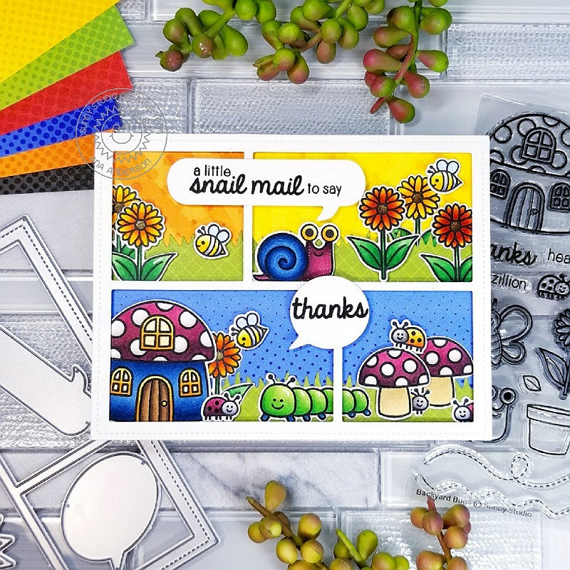 Sunny Studio Stamps Snail Mail Backyard Bugs Card using Comic Strip Speech Bubbles Metal Cutting Dies