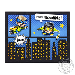 Sunny Studio Stamps Superhero Halftones Card by Anja (using Stitched Comic Strip Speech Bubbles Metal Cutting Die)