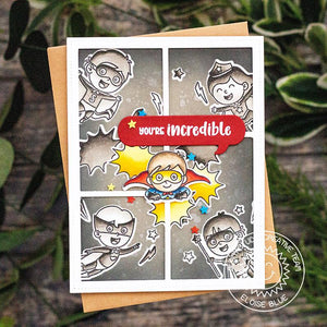 Sunny Studio Stamps You're Incredible Superhero B&W Card using Comic Strip Speech Bubbles Metal Cutting Die