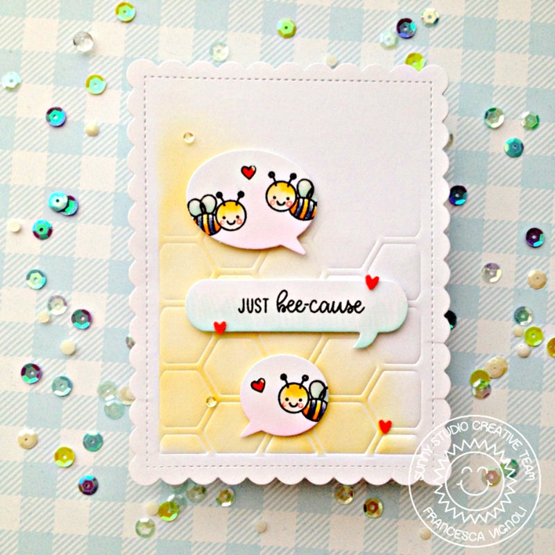 Sunny Studio Stamps Just Bee-cause Honey Bee Embossed Honeycomb Card (using Frilly Frames Hexagon Metal Cutting Dies)
