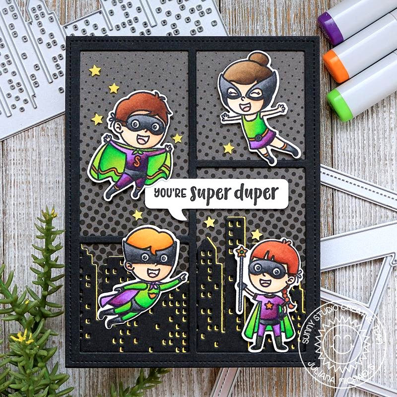 Sunny Studio stamps Super Duper Superhero Purple and Green Handmade Funny Paper Comic Strip & Speech Bubbles Card (using cutting dies)