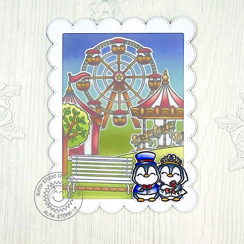 Sunny Studio Ferris Wheel & Carousel Penguin Bride & Groom Theme Park Wedding Card (using Country Carnival Clear Stamps)