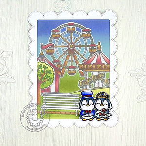 Sunny Studio Ferris Wheel & Carousel Penguin Bride & Groom Theme Park Wedding Card (using Country Carnival Clear Stamps)