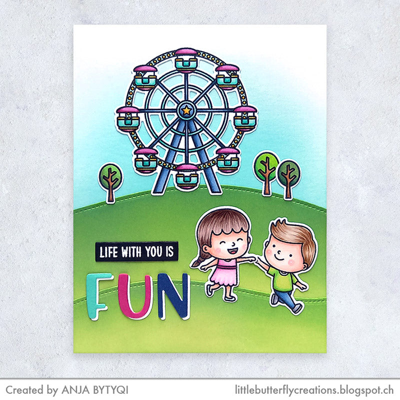 Sunny Studio Life With You Is Fun Kids at Carnival Amusement Park Ferris Wheel Card (using Spring Showers 4x6 Clear Stamps)