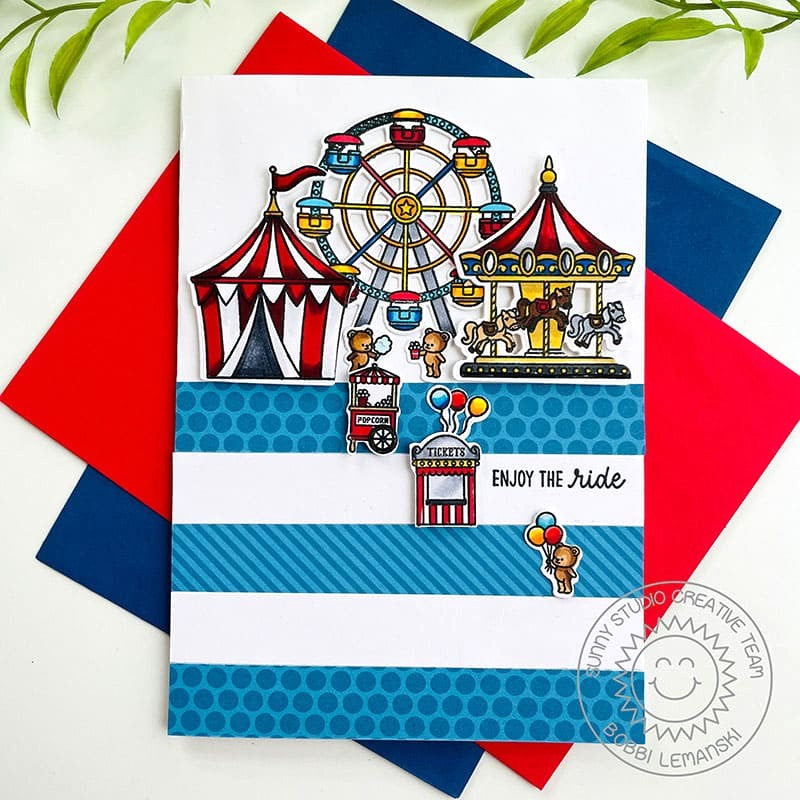 Sunny Studio Teddy Bear Carnival Theme Park Graduation, Birthday or Retirement Card (using Country Carnival 4x6 Clear Stamps)