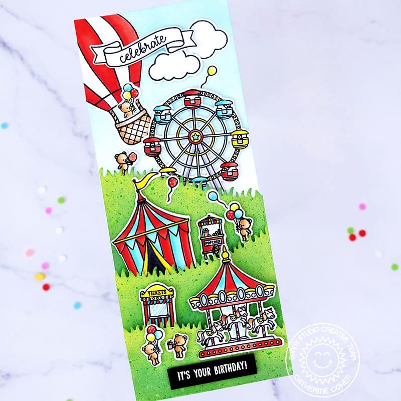 Sunny Studio Teddy Bear Country Carnival Theme Park Summer Slimline Card (using Country Carnival 4x6 Clear Stamps)