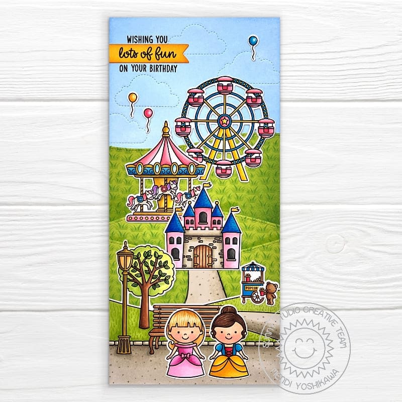 Sunny Studio Disney Inspired Theme Park Carnival Slimline Girls Princess Birthday Card (using Spring Scenes 4x6 Clear Stamps)