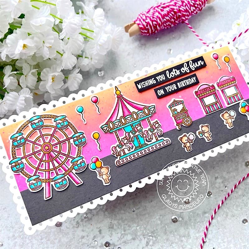 Sunny Studio Ferris Wheel & Carousel Teddy Bear County Fair Slimline Birthday Card (using Country Carnival Clear Stamps)