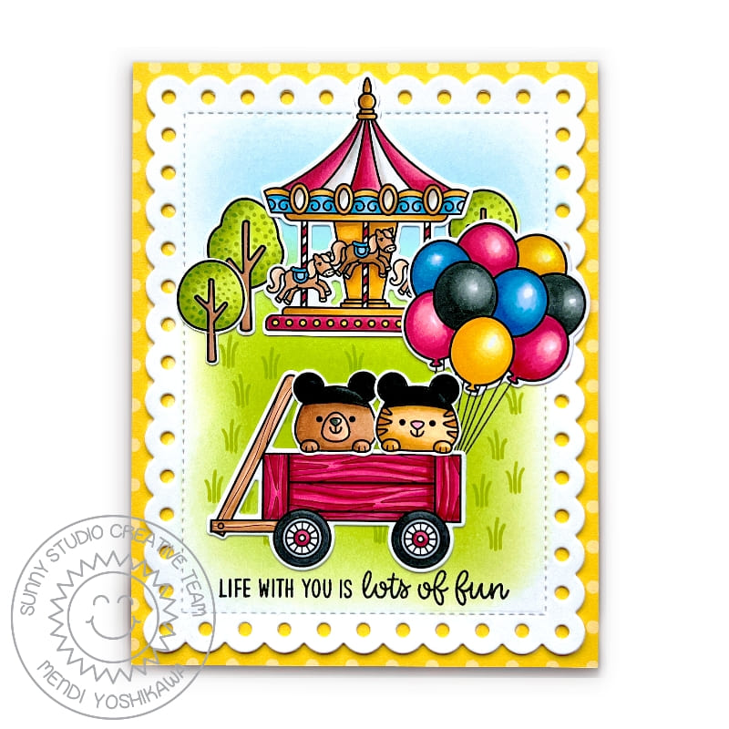 Sunny Studio Life With You Is Fun Critters with Mouse Ears in Wagon with Carousel Card (using Country Carnival Clear Stamps)